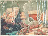 Margaret Shelton, Homestead at Revelstoke #112/150, 1942, lino block in eight colours on paper
