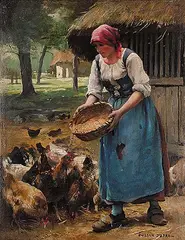 Julien Dupré, Untitled - Lady Feeding the Chickens, oil on canvas