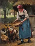 Julien Dupré, Untitled - Lady Feeding the Chickens, oil on canvas