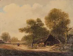 Patrick - Attributed to Nasmyth, Untitled - Rural Cottage with Two Figures on a Road, oil on canvas laid down on wood panel