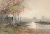 R. Hills Bemish, Untitled - River at Sunset, watercolour on paper