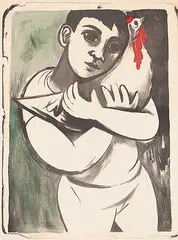 Ghitta Caiserman-Roth, Boy with Chicken, hand coloured lithograph on paper