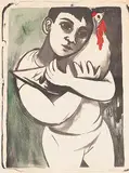 Ghitta Caiserman-Roth, Boy with Chicken, hand coloured lithograph on paper
