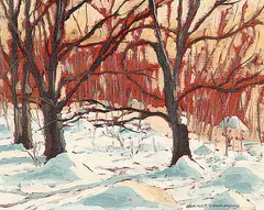 Horace Champagne, Golden Morning, Winter at Lake Connelly, Quebec, 1978, oil on wood board