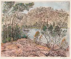 Peter Stoyan, Untitled - Fishing in Rocky Landscape, hand coloured etching on paper