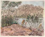 Peter Stoyan, Untitled - Fishing in Rocky Landscape, hand coloured etching on paper
