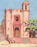 Frederick Bourchier Taylor, Church of San Antonio, at San Miguel de Allende, 1954, oil on wood board