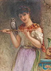 Augustus Jules Bouvier, Untitled - Lady with Owl, 1876, watercolour on paper
