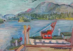 Ernva Willard Code, Untitled - Fishing Boats at Dock, oil on wood board