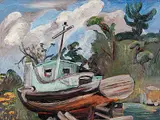 Ruth Mary Eliot, Untitled - Fishing Boat in Dry Dock, oil on wood board