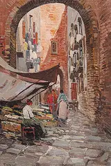 Lazzaro Pasini, Untitled - Market Day, oil on canvas board