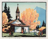 Margaret Shelton, St. Mary's, Banff #92/200, 1952, lino block in five colours on paper