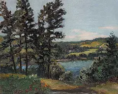 Lewis Edward Smith, Untitled - Lake with Green Hills, oil on canvas board