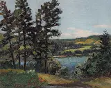Lewis Edward Smith, Untitled - Lake with Green Hills, oil on canvas board