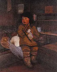George Lonn, Untitled - Inuit Child with Toy Sled, oil on canvas board