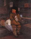 George Lonn, Untitled - Inuit Child with Toy Sled, oil on canvas board