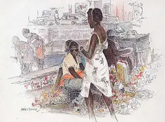 John Everett Secord, Straw Market, Nassau, ink and oil on hard board