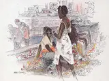 John Everett Secord, Straw Market, Nassau, ink and oil on hard board