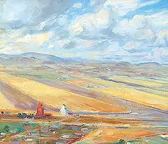 Michael Janzen, Alberta Fields against Foothills, oil on canvas board