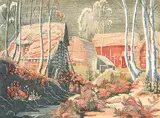 Margaret Shelton, Homestead at Revelstoke, 1942, lino block in eight colours on paper