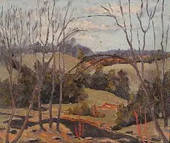 George Thomson, Untitled - Summer Stream / Water Reflections and Bridge, oil on paper board