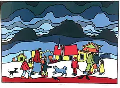Northern Sky #7/150 by Ted Harrison, 1980, colour silkscreen on paper, sold Jun 2003