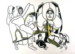 Janet Kigusiuq, Cutting Up A Duck #14/50, 1972, colour relief print on paper