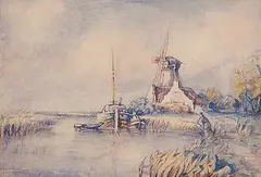 Untitled - Fisherman on the Bruges Canal by Georges Chavignaud, watercolour on paper, sold Apr 2003
