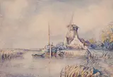 Georges Chavignaud, Untitled - Fisherman on the Bruges Canal, watercolour on paper