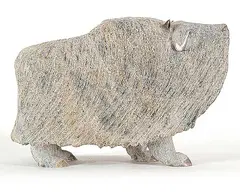 Lucassie Ikkidluak, Musk Ox, 1999, light green stone carving with bone