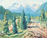 Massive Range from Campground [Banff] by Margaret Shelton, 1982, oil on hard board, sold Apr 2003