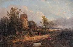 George Vincent, Untitled - Windmill with figures on road, oil on canvas