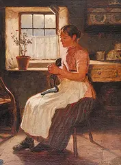 Thomas Wilson, Untitled - Knitting by the Window, oil on canvas board