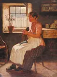 Thomas Wilson, Untitled - Knitting by the Window, oil on canvas board