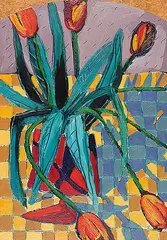 Nixie Barton, Checkerboard Tulips, 1990, mixed media on hard board