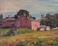 Dewitt Drake, Untitled - Farm with Grazing Cow, oil on wood panel