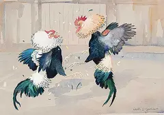 Ralston Gudgeon, Barnyard Brawl, watercolour on paper