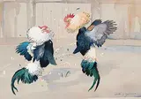 Ralston Gudgeon, Barnyard Brawl, watercolour on paper