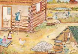 Ann Alexandra Harbuz, Mom Plastering Log House, 1981, acrylic on canvas