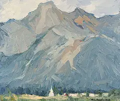 William John Hopkinson, Church at Canmore, Alta., oil on hard board
