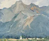 William John Hopkinson, Church at Canmore, Alta., oil on hard board