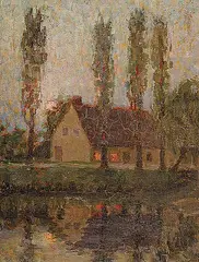 Leslie Victor Smith, Untitled - House at Sunset, oil on paper board