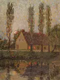Leslie Victor Smith, Untitled - House at Sunset, oil on paper board