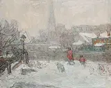 Donald Besco, Winter on the Banks of the Grand River, Galt, Ontario, oil on hard board