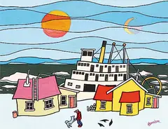 The Paddle Wheeler by Ted Harrison, 1980, acrylic on paper board, sold Dec 2002