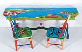 Joe Norris, LOT OF THREE - Child's Trestle Table with View from Lower Prospect / Child's Chair with Dolphin and Bird Motif / Child's Chair with Flower Motif, hand painted wooden table & chairs