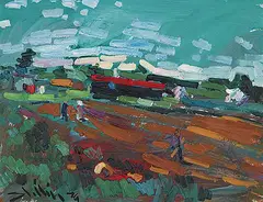 Arthur Shilling, Figures in Landscape, acrylic on hard board