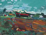 Arthur Shilling, Figures in Landscape, acrylic on hard board