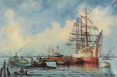 Willem Bos, Untitled - Ships in Rotterdam Harbour, oil on canvas
