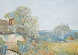 Frederick Hines, Untitled - Pastoral View with Lady in Front of a Cottage, 1922, gouache on paper